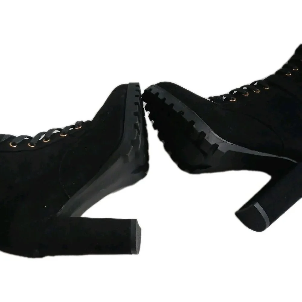 Black Knee High Lace Up Heeled Boots Buckle Detail Women’s ShoeDazzle 9